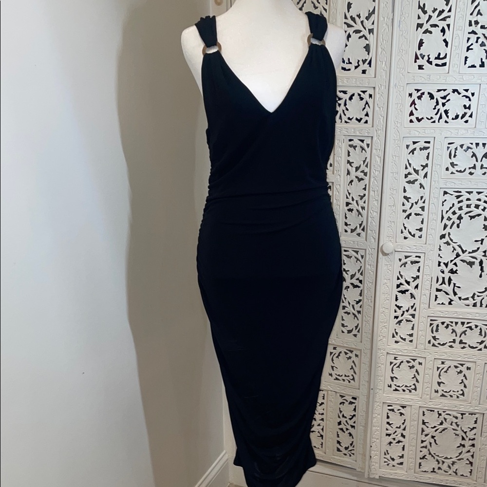 Vintage Versace black , gold Ring on the Shoulder V-Neck Midi Dress